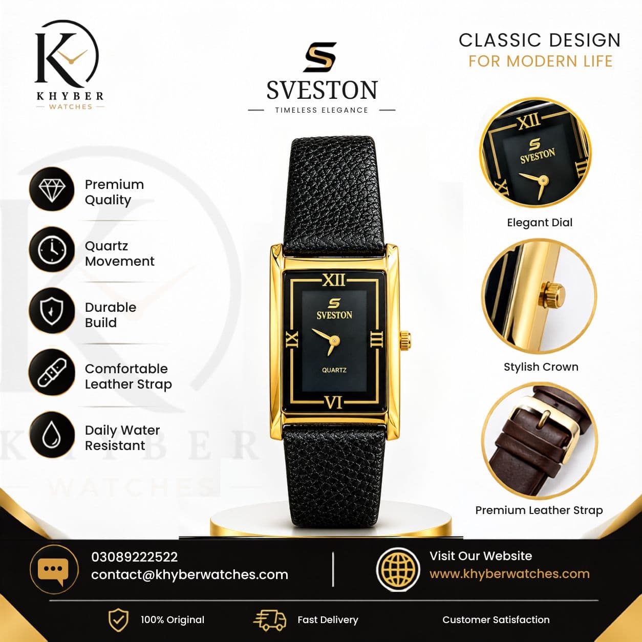 Sveston Black & Gold Rectangular Leather Watch